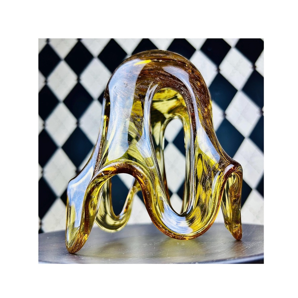 Vintage Amber Art Glass Vase Sculptural Freeform Pierced Modern Décor